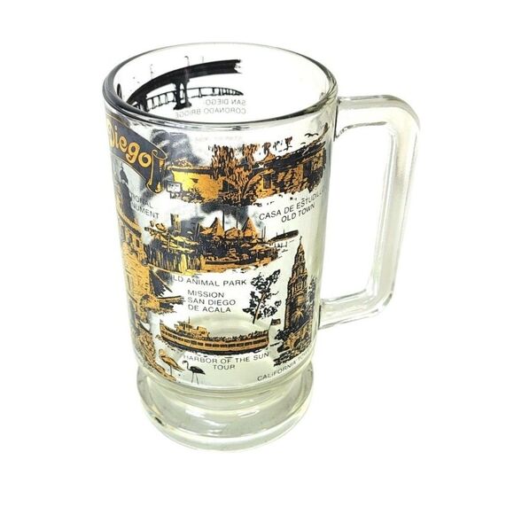 Vintage SAN DIEGO MCM Black 22 Kt Gold Souvenir Heavy Bottom Glass Beer Mug - Picture 9 of 13